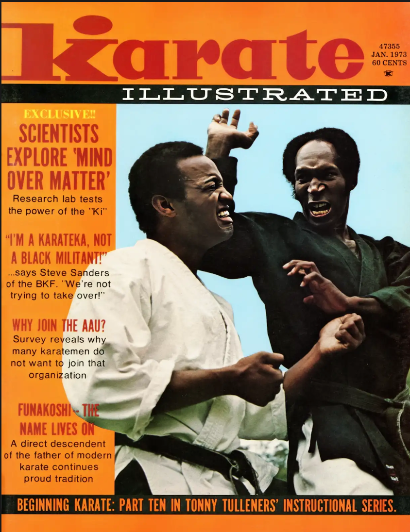 Two men in karate gis spar, showing intensity and focus. Background features text on a retro martial arts magazine cover, dated January 1973.