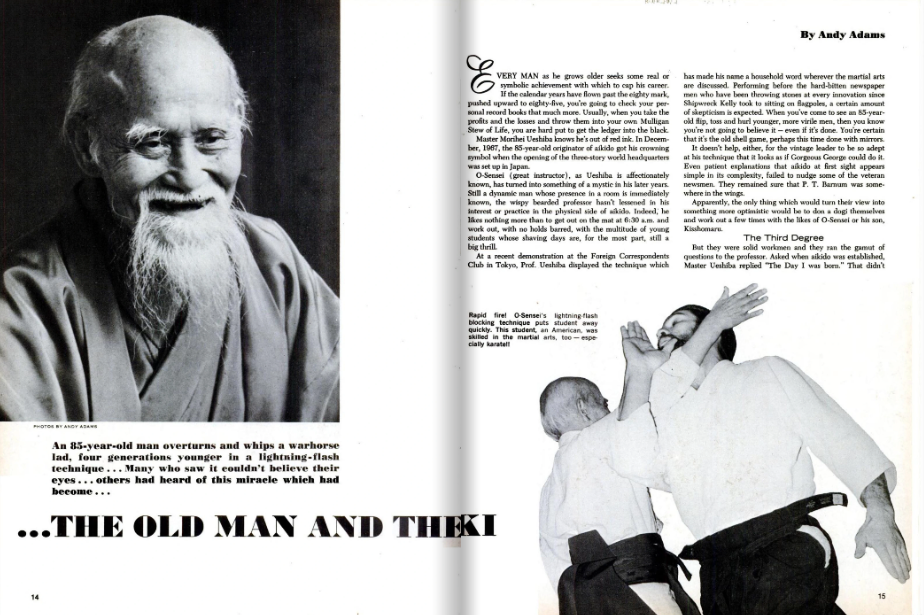 An elderly man smiling on the left. On the right, two martial artists in white uniforms practice; one person throws the other. The text reads "...THE OLD MAN AND THE KI."