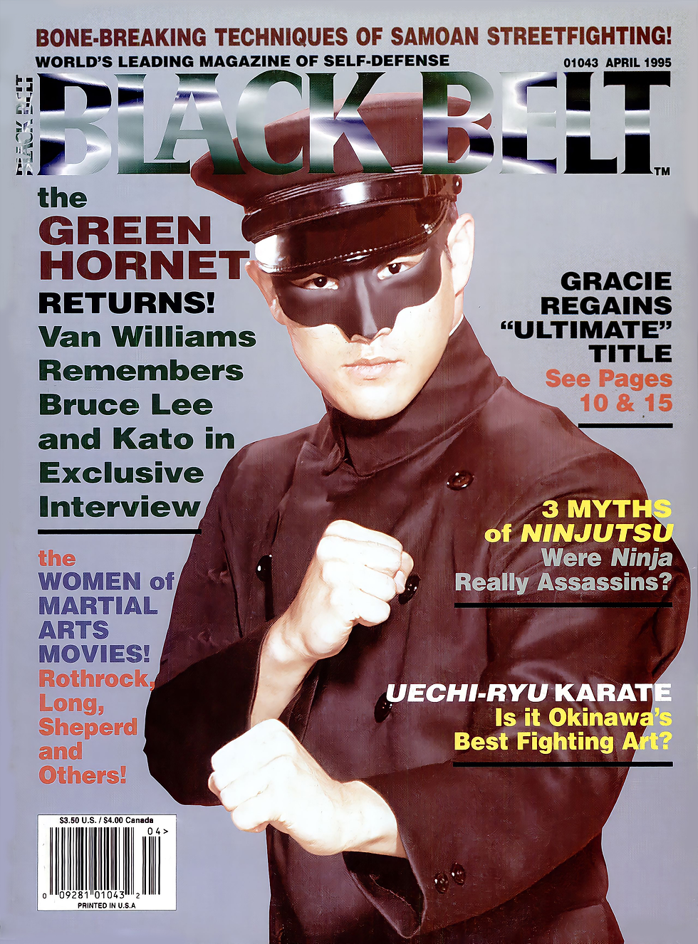 Magazine cover features a man in a black outfit and mask, posing with fists raised. Headlines include "GREEN HORNET RETURNS" and "3 MYTHS of NINJUTSU".