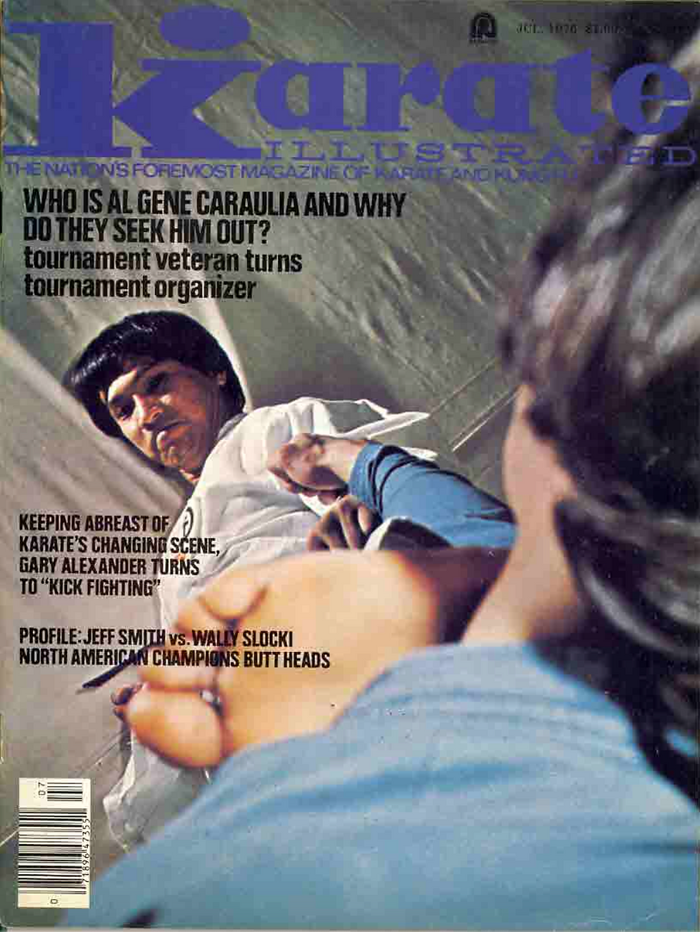 Karate Illustrated cover features two martial artists in a kicking pose. Bold blue title, articles about karate scene, in warm tones.