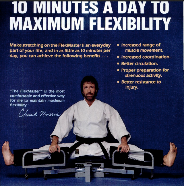 Man in karate gi uses a FlexMaster stretching machine. Blue background with white text: "10 Minutes a Day to Maximum Flexibility."