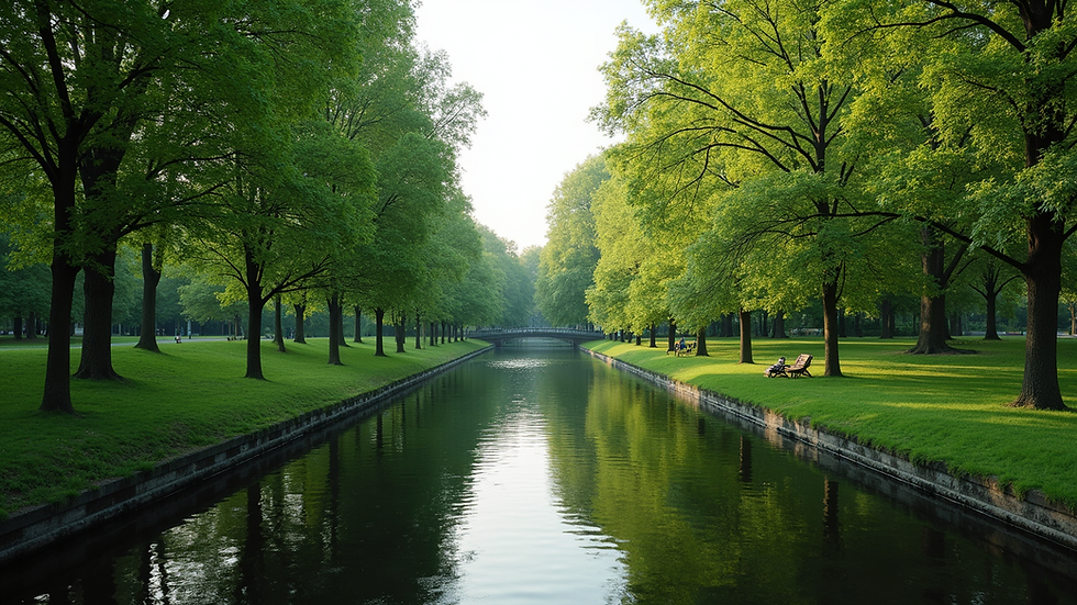 Wide angle view of a green urban park with water canals in Copenhagen