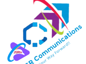 JSR Communications Logo with colourful geometric shapes and arcs. Text: JSR Communications, Your Way Forward! Includes a smaller logo for JSR Tech and JSRtv.