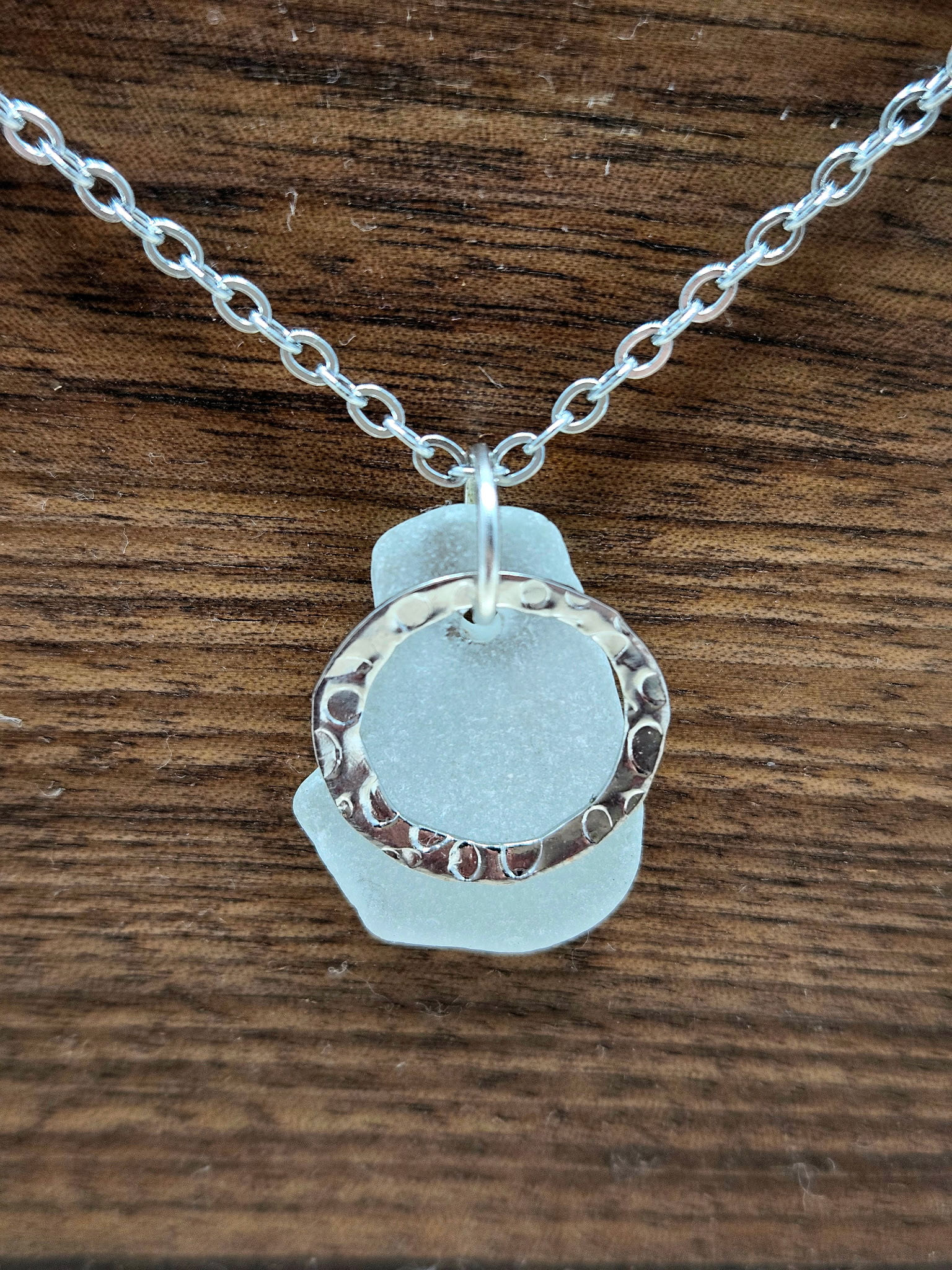 Genuine sea glass with Silver tone Hammered Ring.