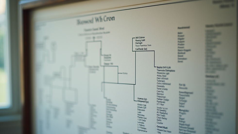 Eye-level view of a family tree chart with names and dates
