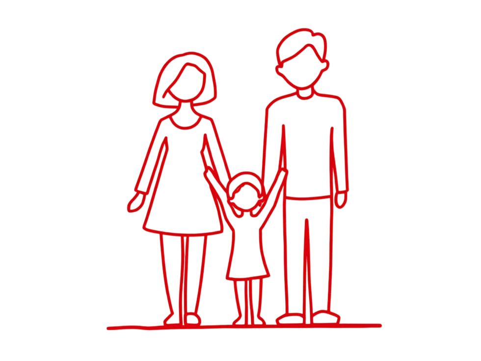 Digital illustration of a red neon line drawing depicting a family of three standing together. The minimalist style creates a warm, modern aesthetic against a solid black background.