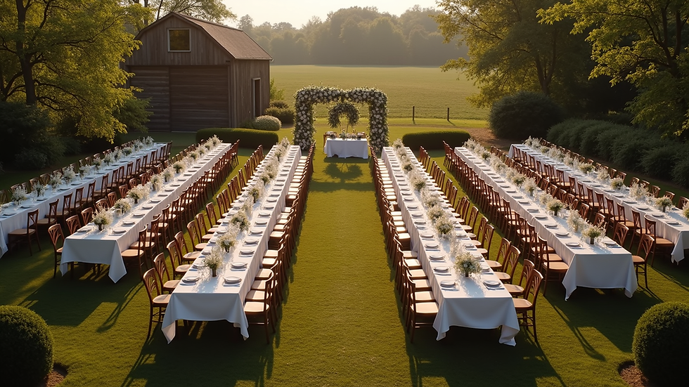 High angle view of a wedding reception set up outdoors on a farm