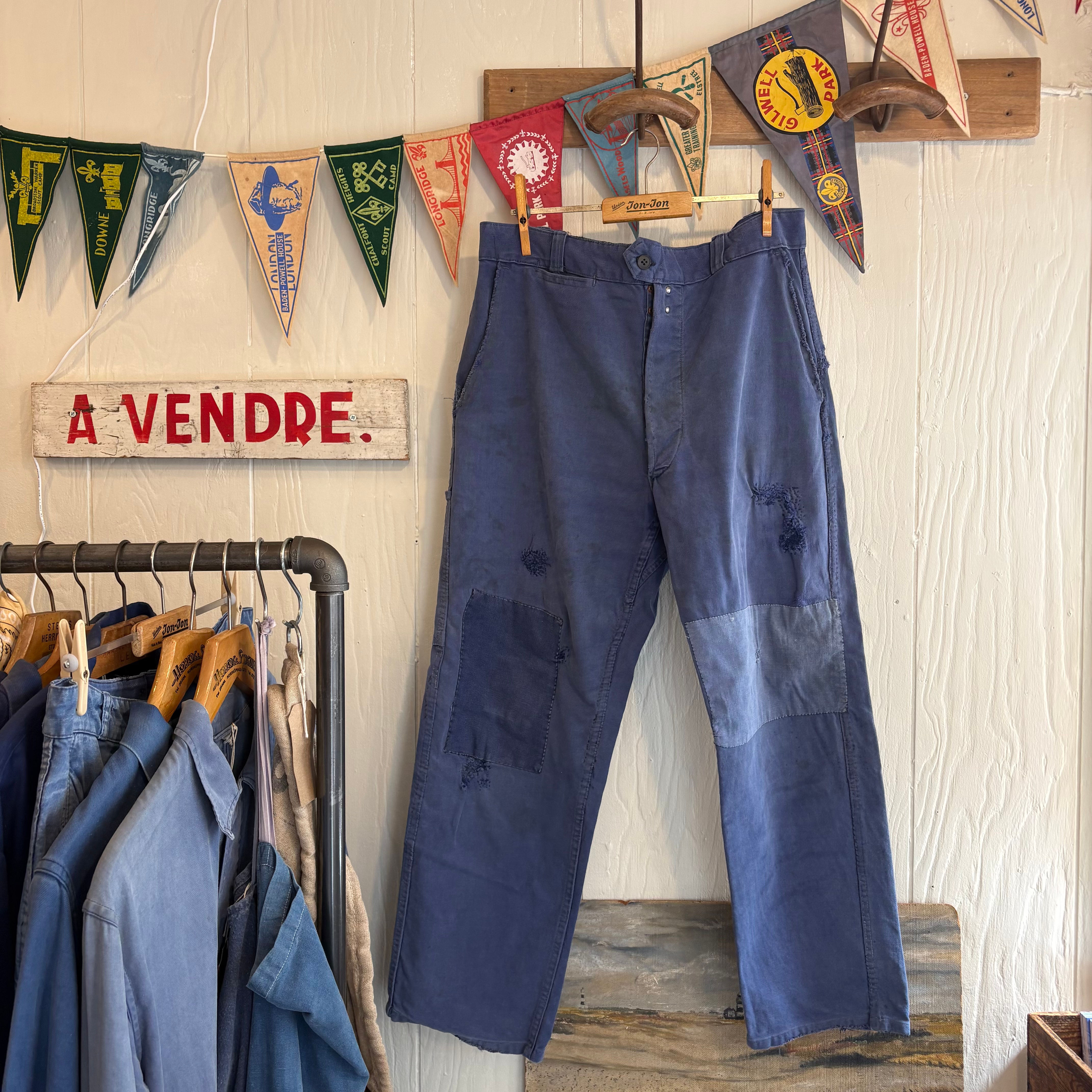 Vintage 1940s French Patched & Darned Workwear Trousers W34”