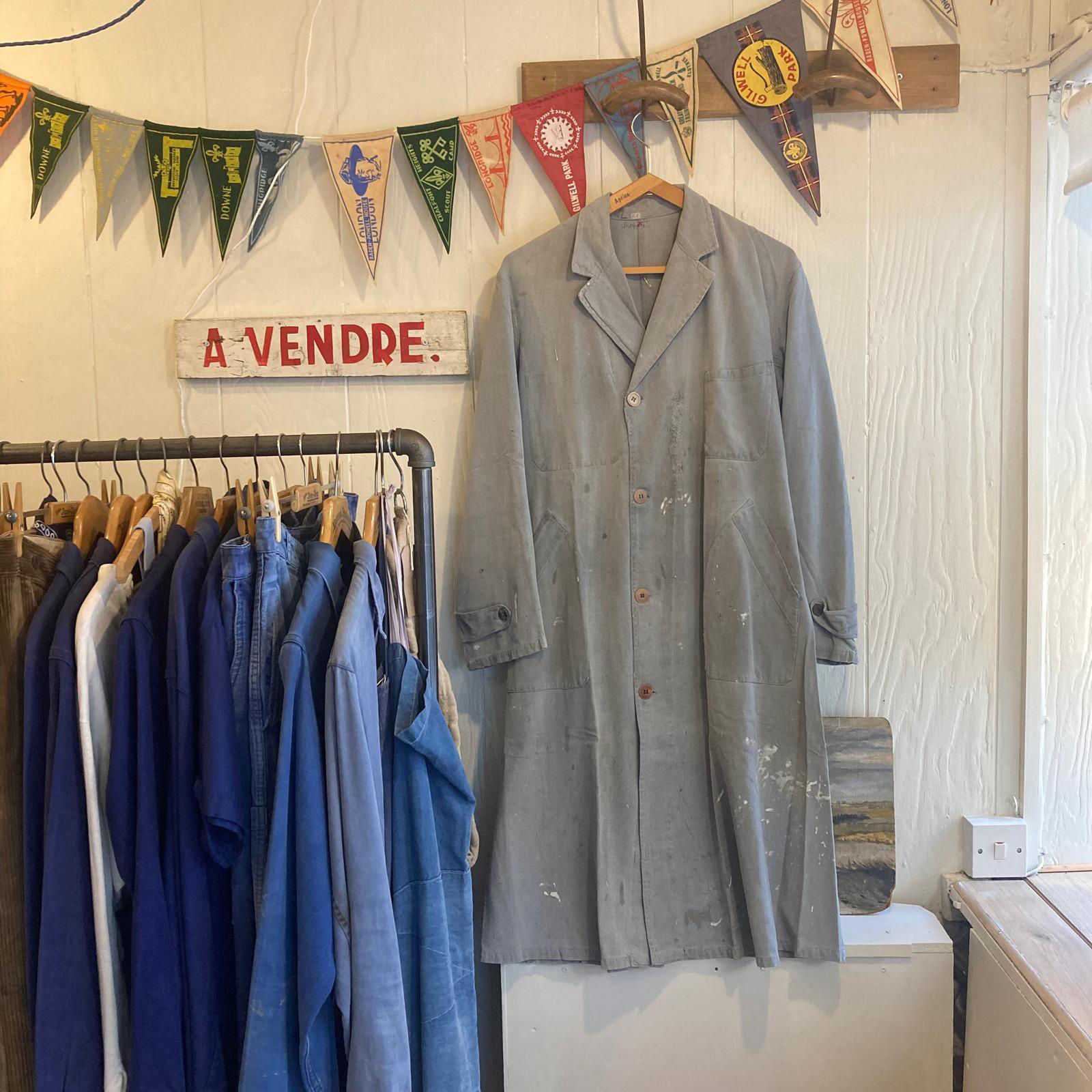 Vintage 1950s French Atelier Salt & Pepper Belted Workwear Coat S M