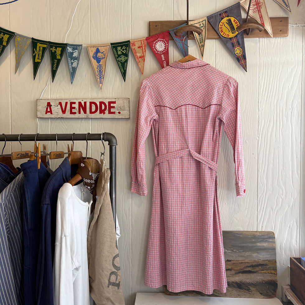 Thumbnail: Vintage 1940s French Check Belted Workwear Dress UK10 S 