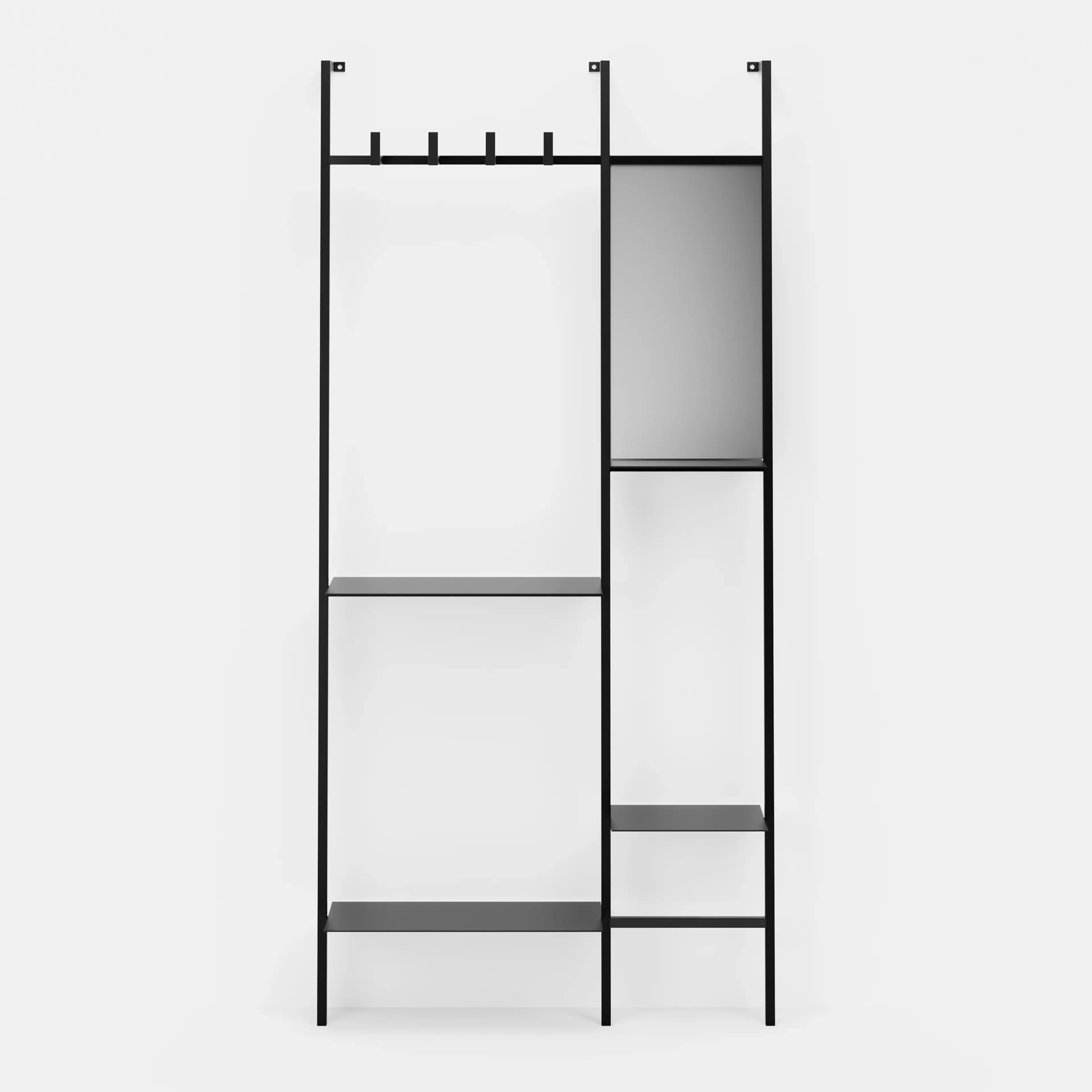 קונסולה לכניסה לבית בעיצוב מודרני־תעשייתי עם מראה ומדפים ממתכת שחורה