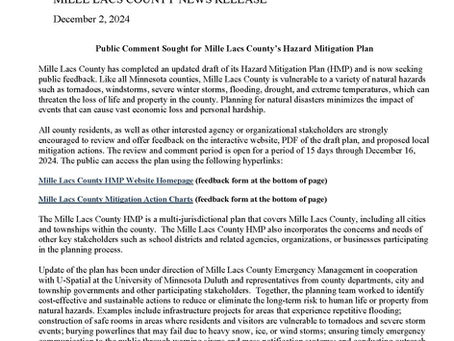 Public Comment Sought for Mille Lacs County’s Hazard Mitigation Plan: MILLE LACS COUNTY NEWS RELEASE, December 2, 2024