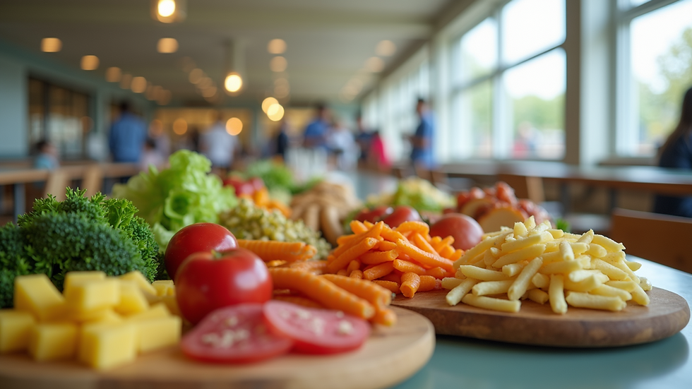 Close-up view of a school cafeteria with healthy food options