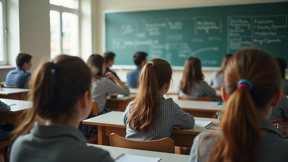 Wide angle view of a classroom filled with engaged students