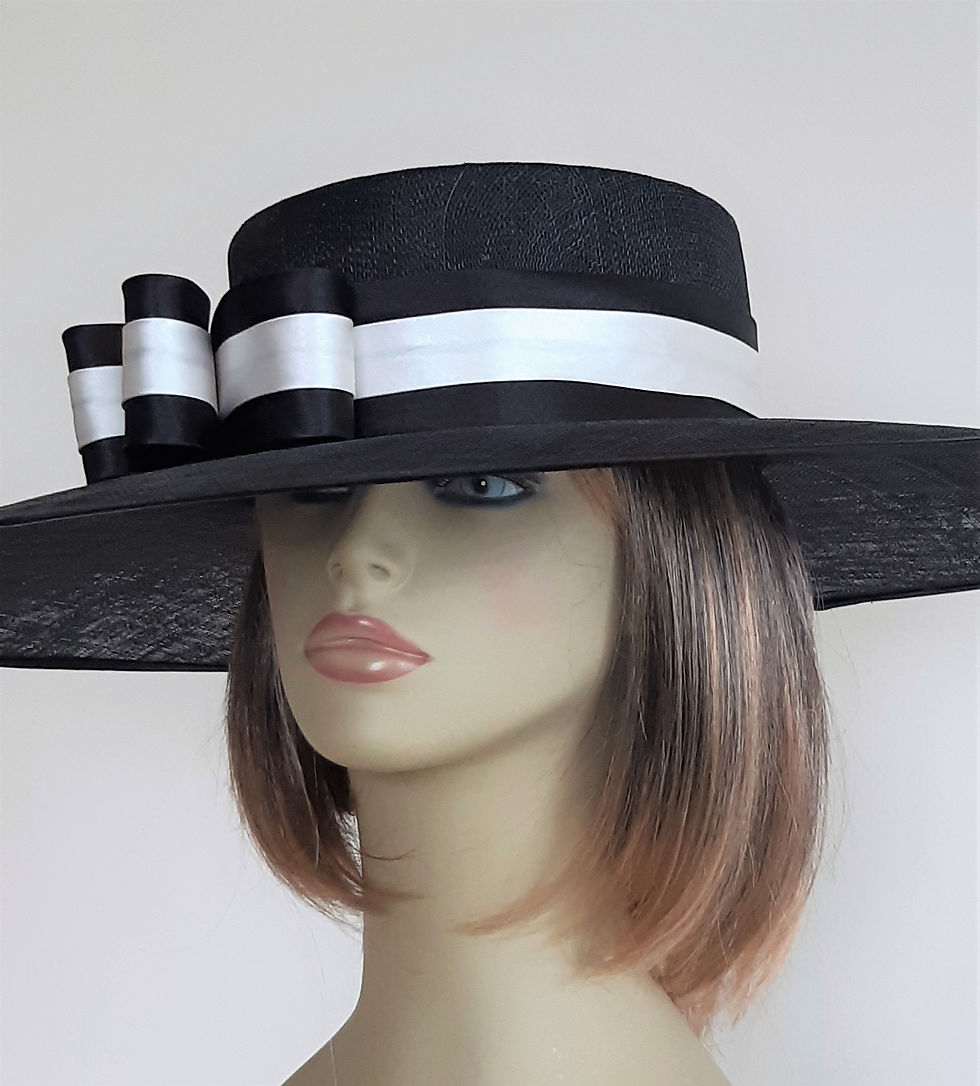 Large brimmed boater hat in navy black & white