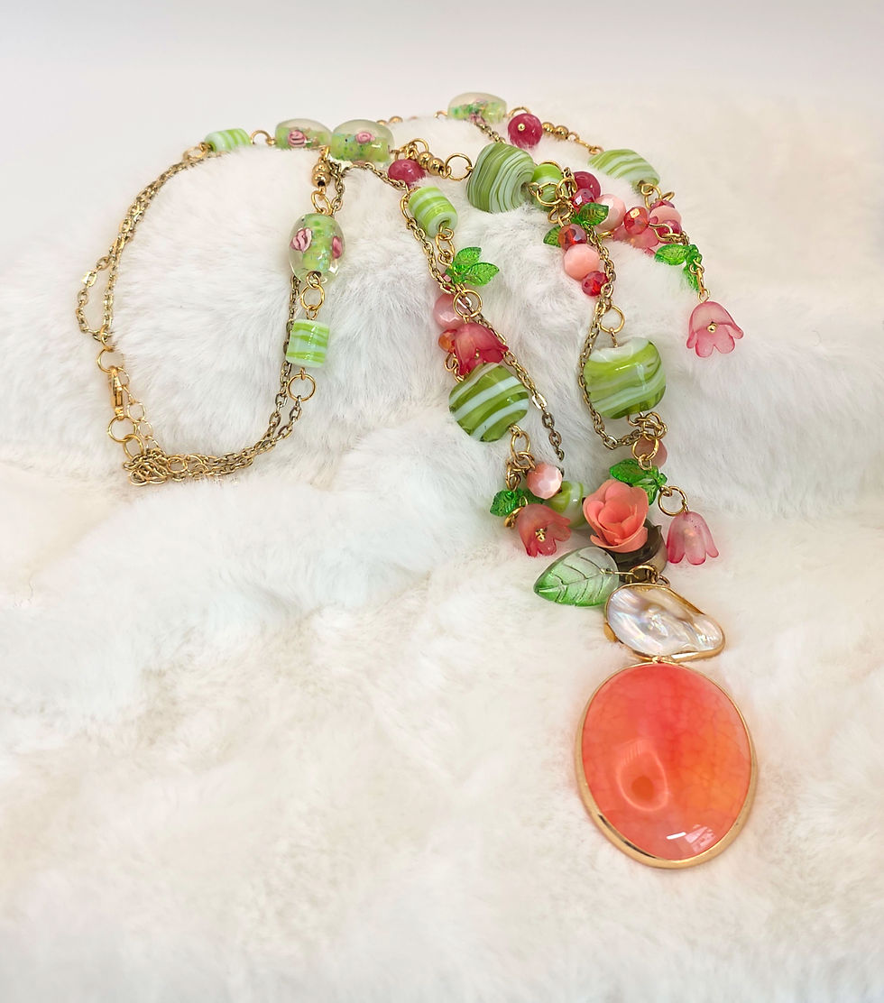 Thumbnail: Green and Pink Multi-layer Necklace with Floral Embellishments