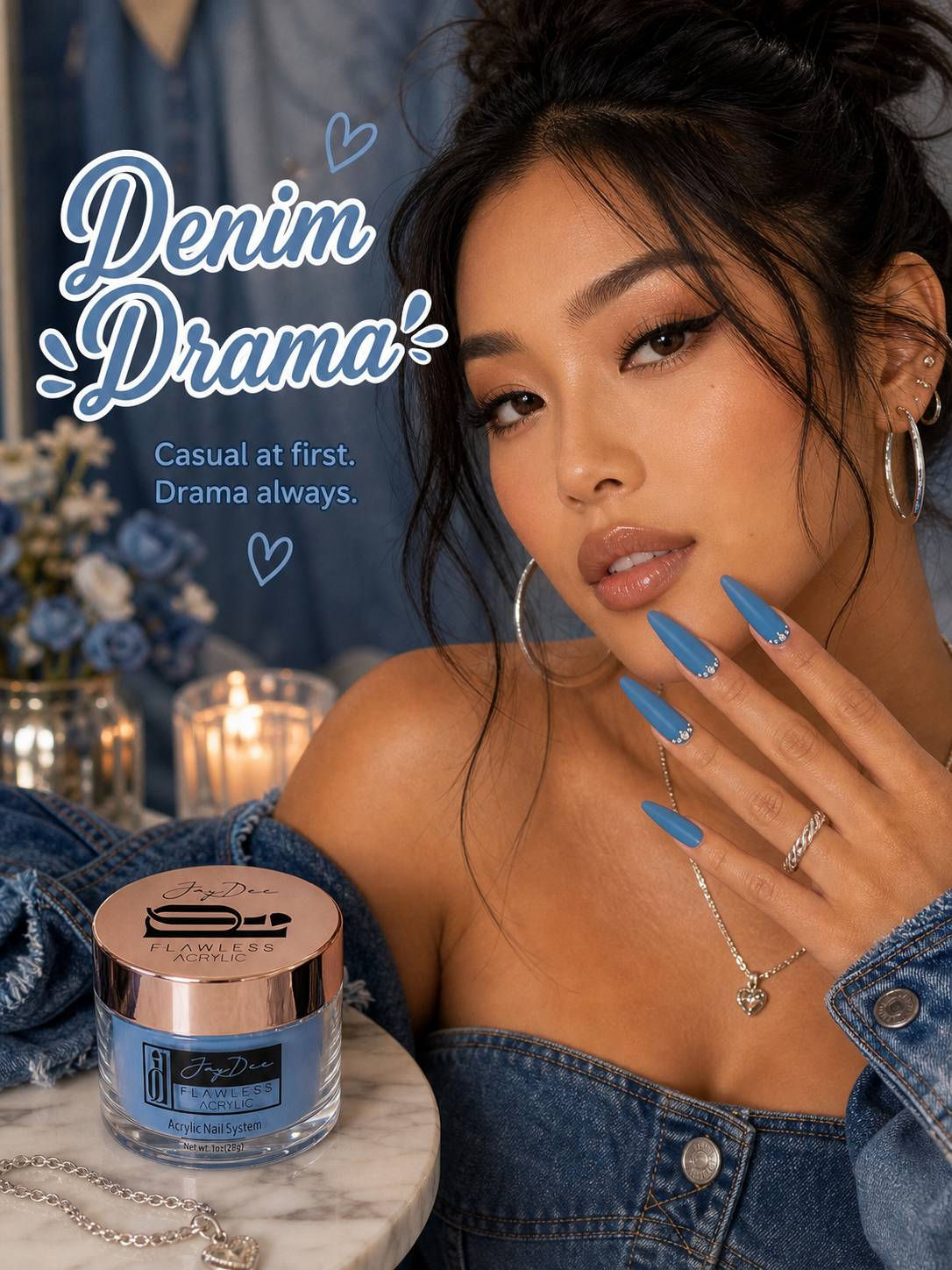 Asian model wearing matte denim-blue stiletto acrylic nails with subtle rhinestone accents, styled with an off-shoulder denim