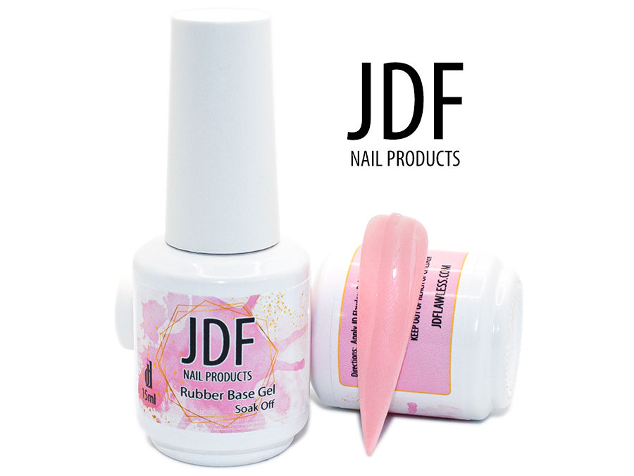 2 15ml polish bottles of rubber base coat gel, and a single light pink nail tip for demonstration