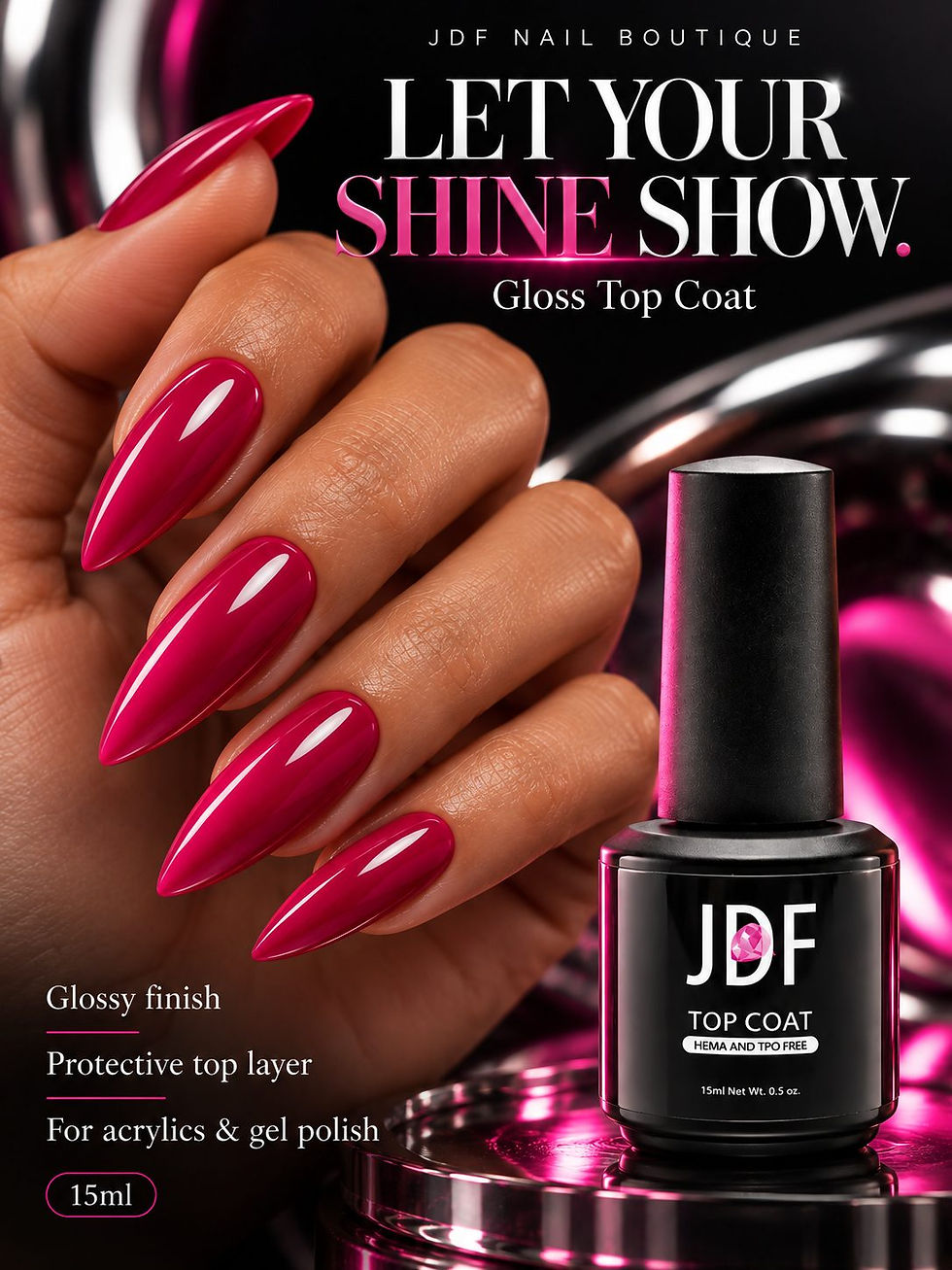 JDF Gloss Top Coat 15ml bottle beside glossy magenta stiletto nails against a black, pink, and chrome backdrop.
