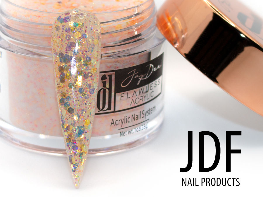 1oz jar of orange and yellow glitter pieces mixed with clear acrylic from JD Flawless Nail Supply