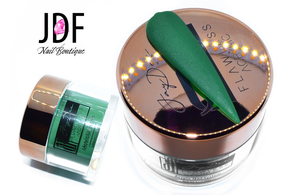 green colored acrylic powder in a 1oz jar with a nail tip swatch representing the color