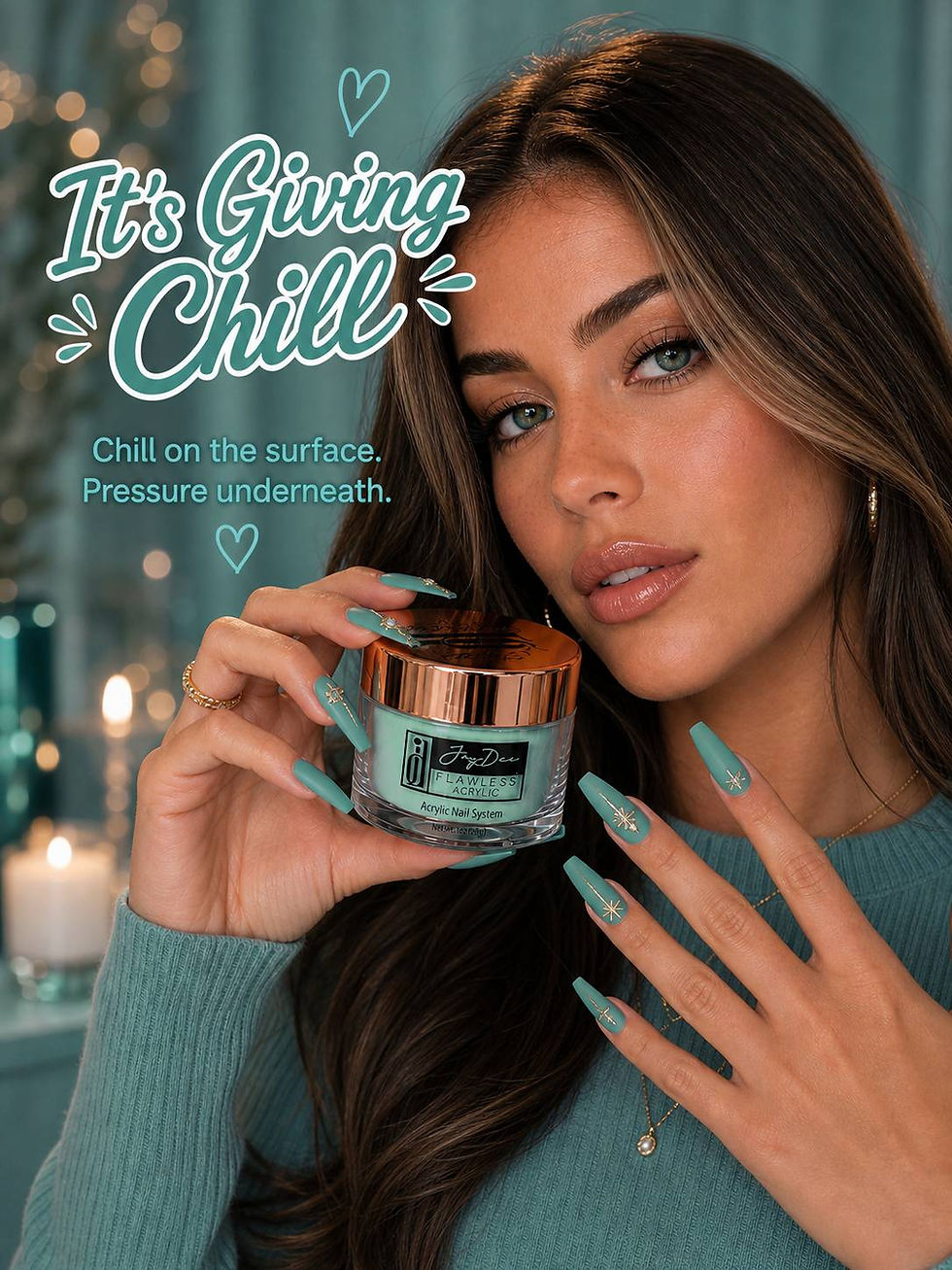 JayDee Flawless Acrylic nail powder in teal shade displayed in a clear jar with a rose gold lid, surrounded by teal nail swat