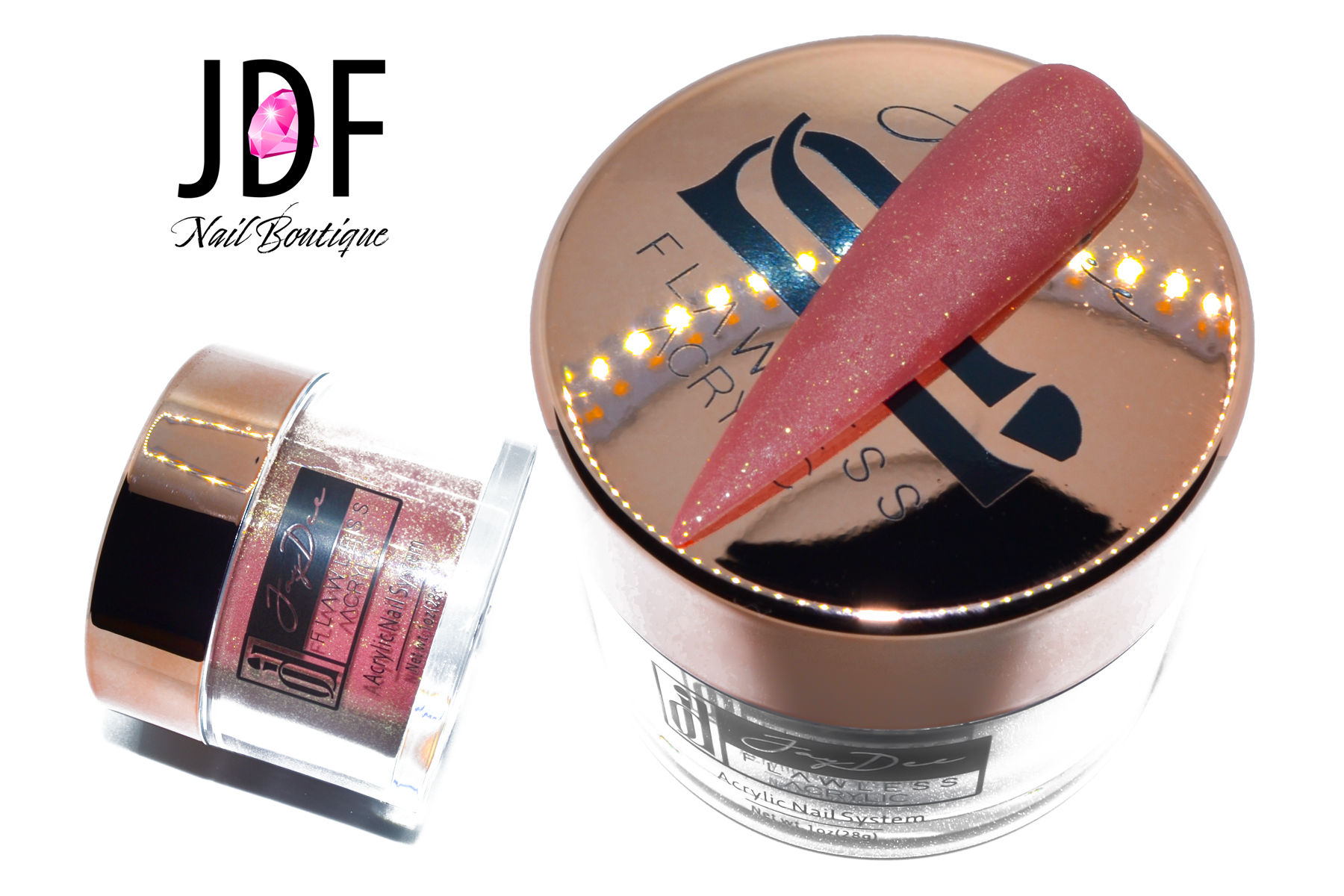 red colored acrylic powder in a 1oz jar with a nail tip swatch representing the color