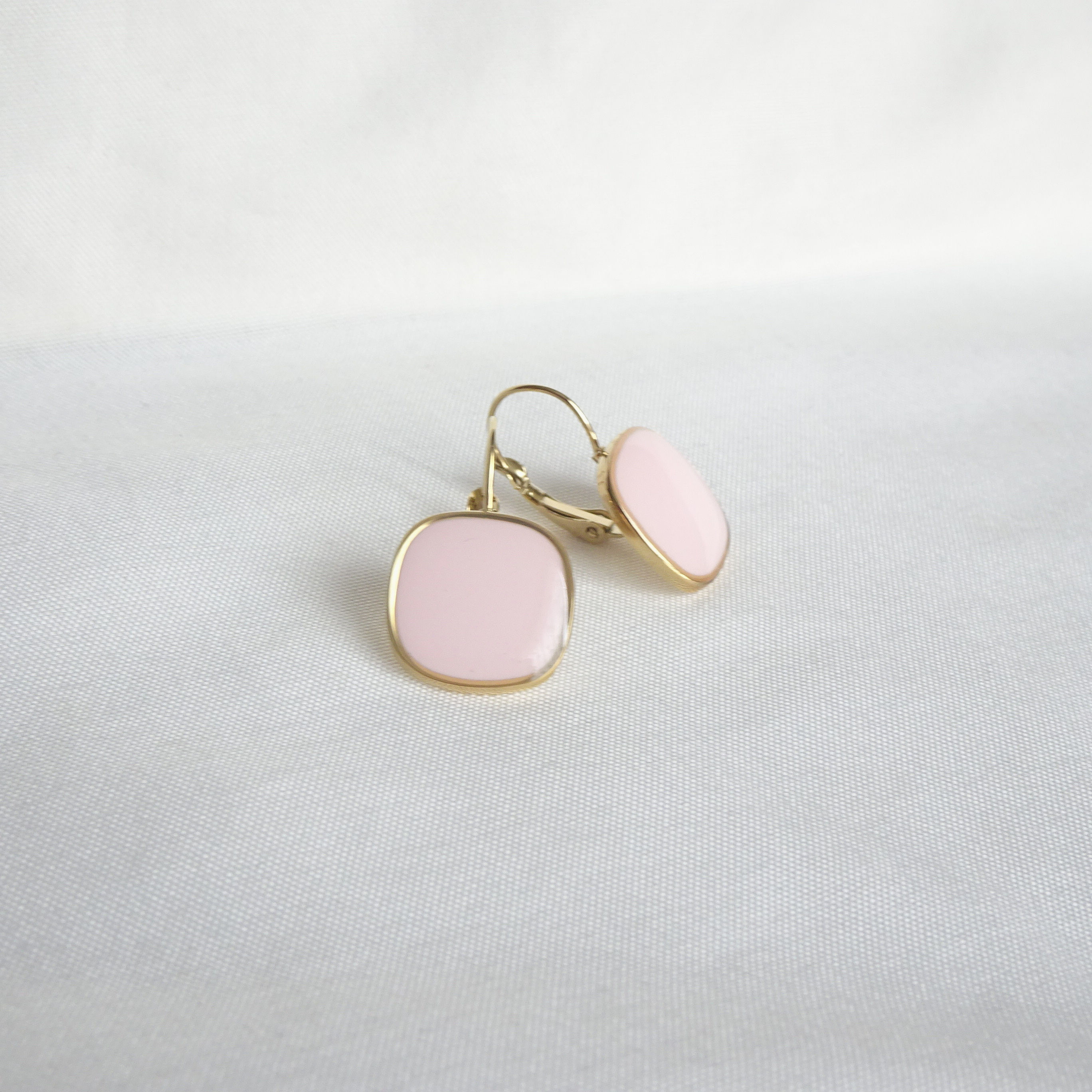Pink Enamel Square Drop Earrings. 18K Gold Plated Square Earrings.