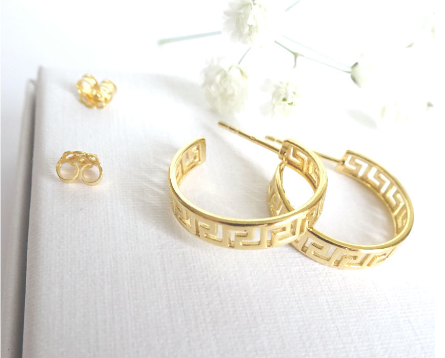 Thumbnail: Greek Gold Hoop Earrings. Greek Ornament Gold Huggies. Gold Plated Stud Hoops. R