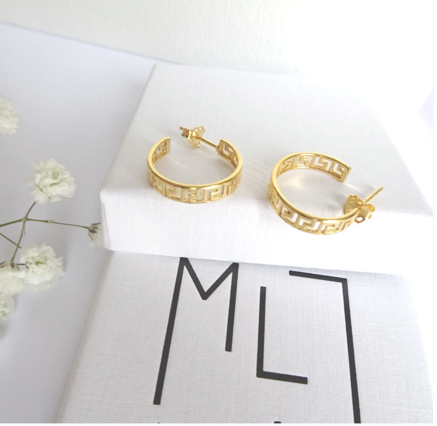 Thumbnail: Greek Gold Hoop Earrings. Greek Ornament Gold Huggies. Gold Plated Stud Hoops. R