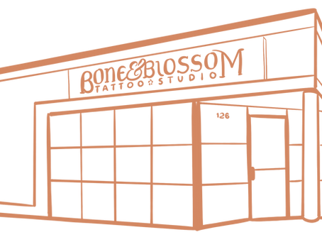 Graphic of the outside of Bone & Blossom Tattoo Studio in Lombard IL