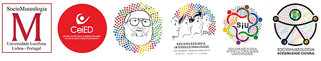 logotipos do Departamento de Sociomuseologia, do CeiED e dos grupos de estudo Sociomuseologia e Paulo Freire, Sociomuseologia e Interseccionalidade, Sociomuseologia Interculturalidade e Universidade e Sociomuseologia e Acessibilidade Cultural