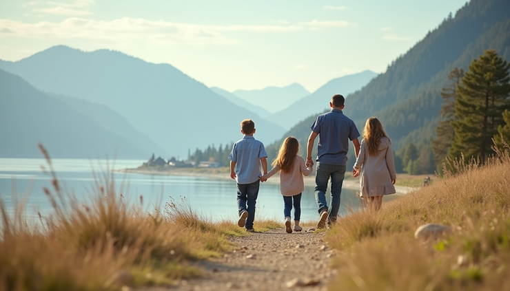 Eye-level view of a family walking along Vancouver waterfront with mountains in the background