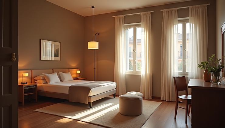 Eye-level view of a cozy hotel room with modern decor in Madrid
