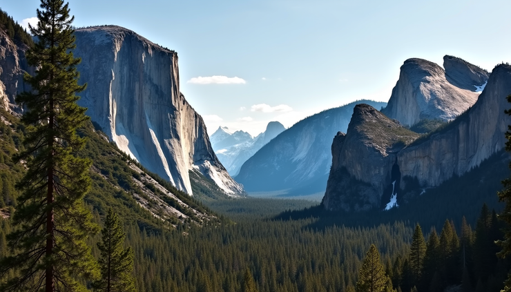 Wide angle view of towering granite cliffs and pine trees in Yosemite National Park