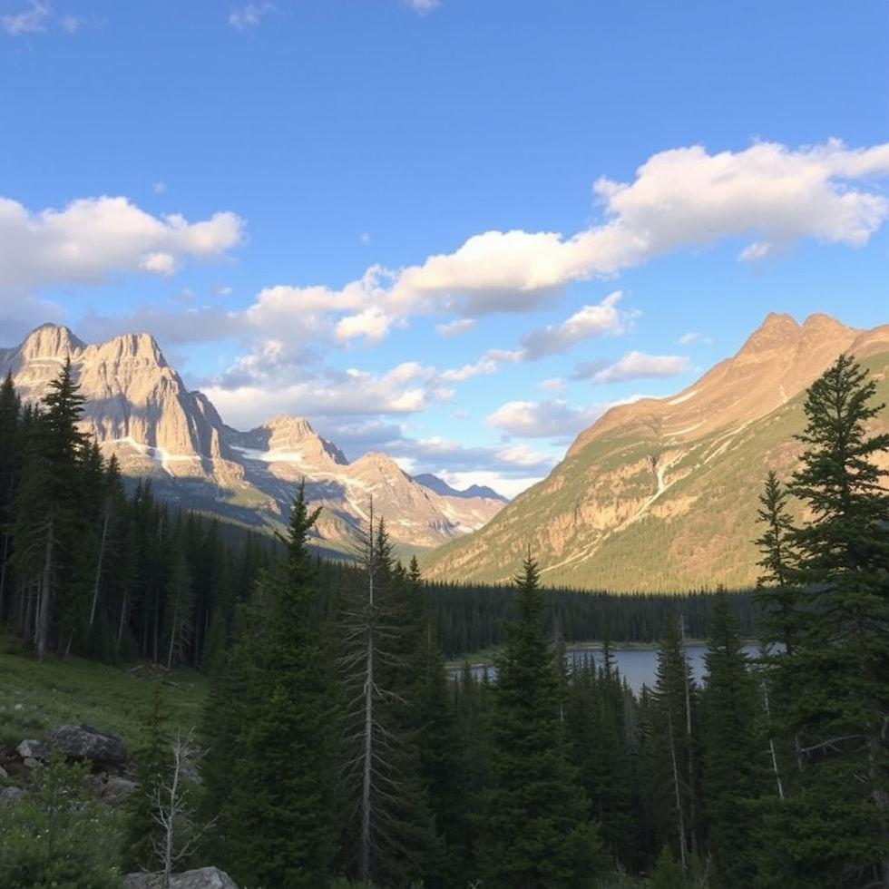High angle view of a turquoise alpine lake surrounded by rocky cliffs and pine trees in Glacier National Park