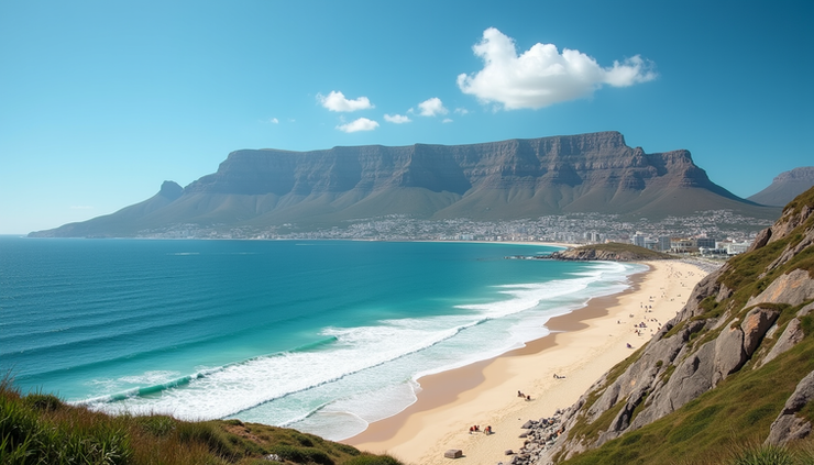 Wide angle view of Table Mountain overlooking Cape Town beaches