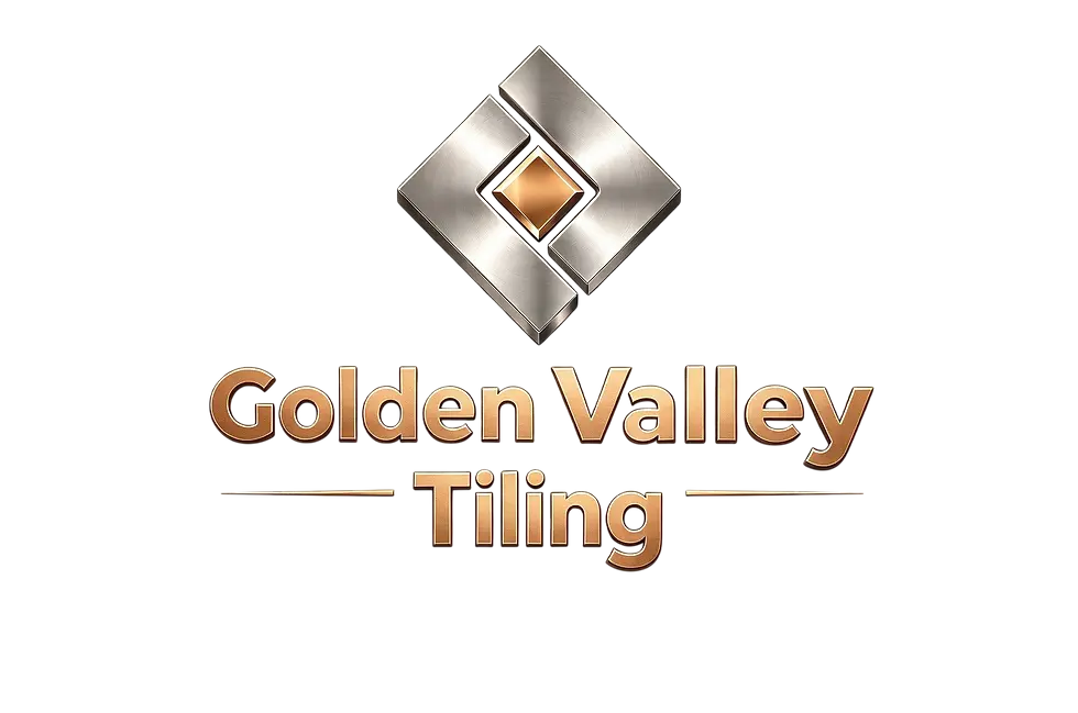 Digital graphic logo for Golden Valley Tiling. It features a metallic geometric icon with a golden center, set above the company name in elegant, golden lettering, suggesting premium quality and professional craftsmanship.