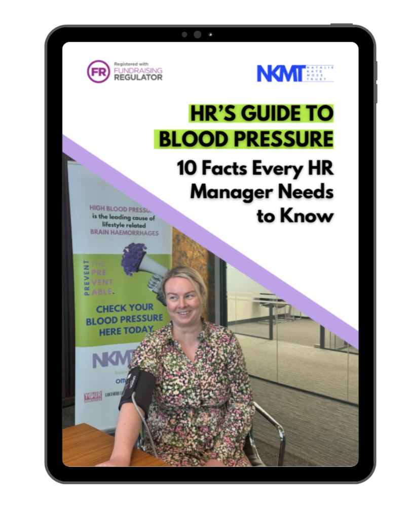 Tablet shows HR’s Guide to Blood Pressure poster with smiling woman wearing a blood pressure cuff in an office.