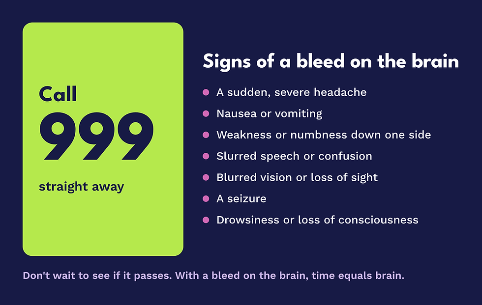 Health alert poster: Call 999 straight away for signs of a brain bleed, with symptoms listed on a dark blue background.