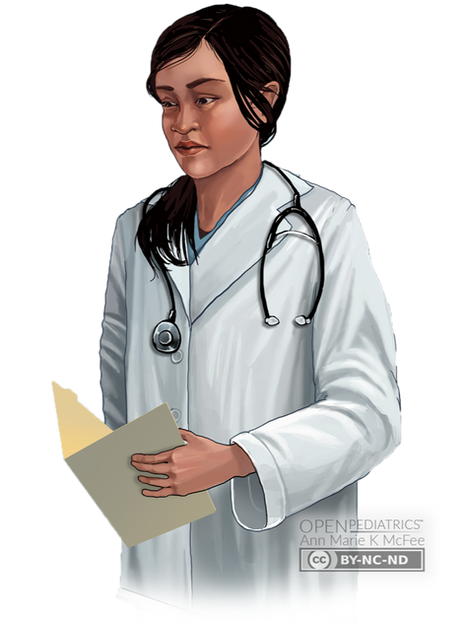 Healthcare professionals catalog button of a hispanic female adult wearing a white coat and stethoscope holding a file folder for the Clinical Image Library