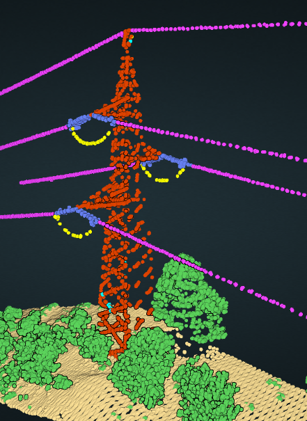 Full scene showing a utility pole with classified components; tension wires (yellow) extend from the structure to support overhead lines.