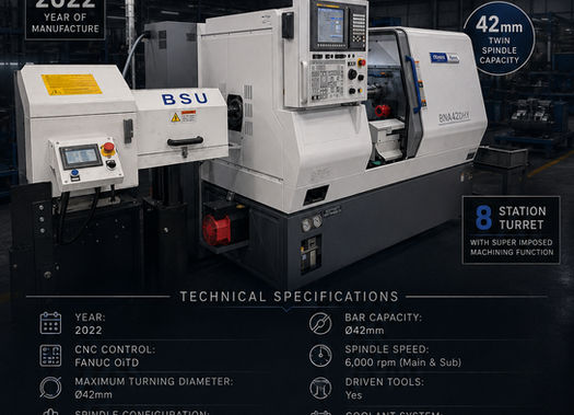 42mm Twin Spindle, Twin Turret with 8 Station Y axis & Super Imposed Machining, Fanuc OiTD NC Unit. YOM 2022.