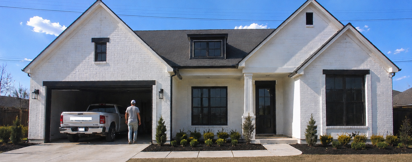 Freshly painted white brick home exterior by IHOMEU in Midland, TX featuring black trim, modern windows, garage, and clean residential finishes.