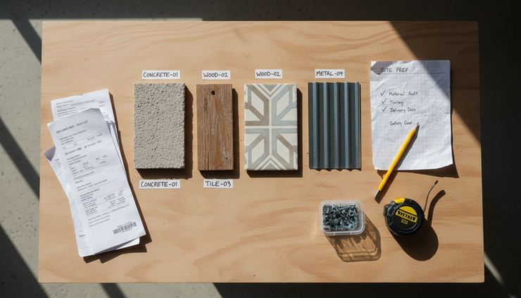 Overhead view of labelled material samples and a marked checklist arranged on a plywood surface.