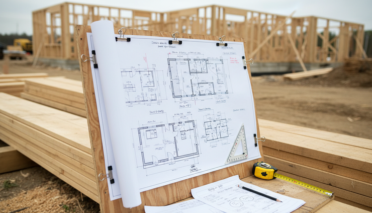 Blueprints clipped to a board with a tape measure and pencil at a house framing site, with stacked lumber and unfinished wooden walls behind.
