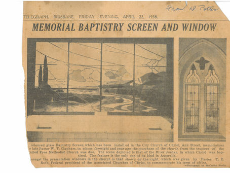 1938 Memorial baptistry screen and window newspaper report