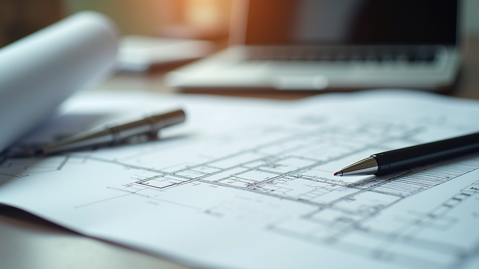Close-up view of architectural blueprints and design tools on a desk