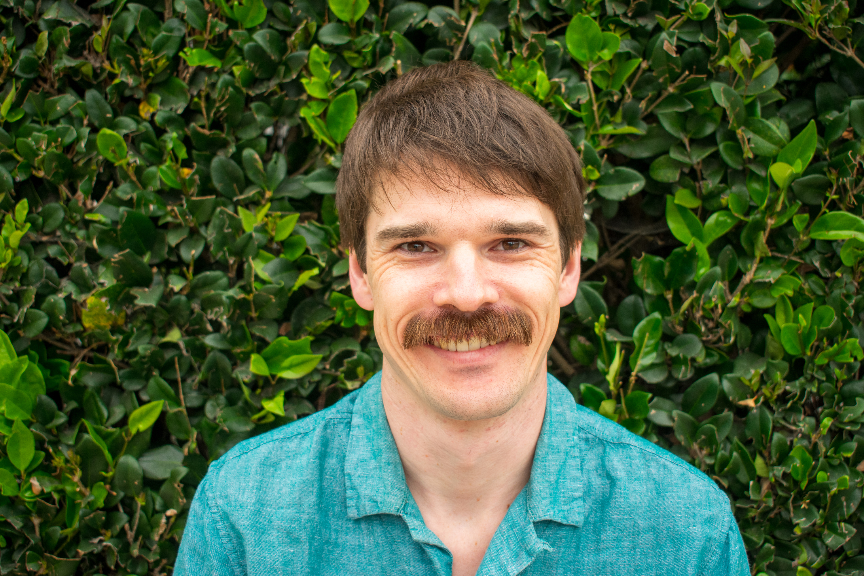 Portrait on Andrew Magee, he has short brown hair and a moustache. He is standing in front of hedge of green foliage.