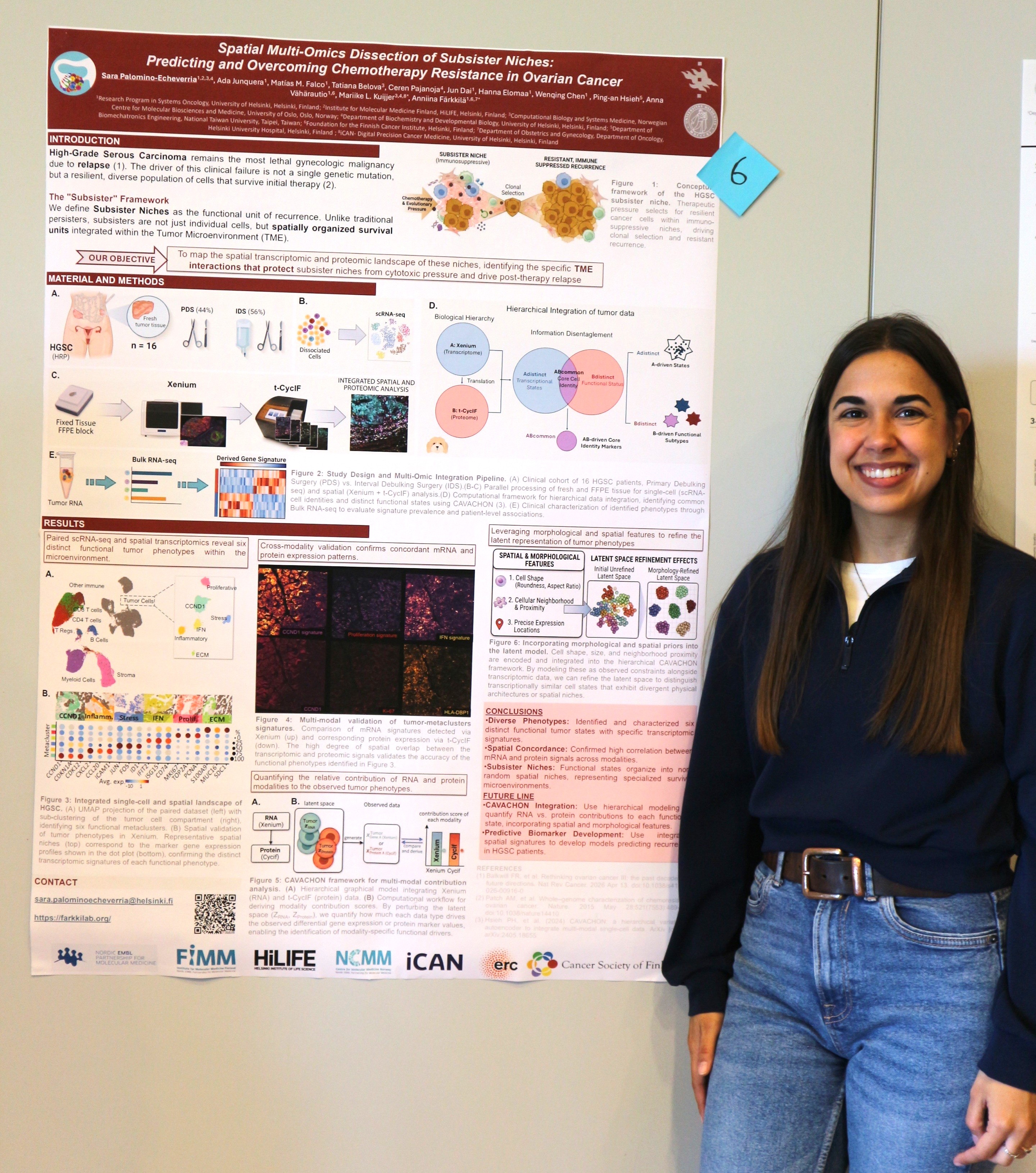 Sara is standing next to her research poster. She has long dark brown hair, she wears a black top with a white t-shirt and jeans.